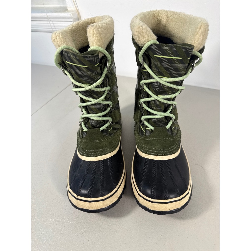 Sorel womems Winter Snow Boots Olive Green Black Plaid Waterproof Suede Lining